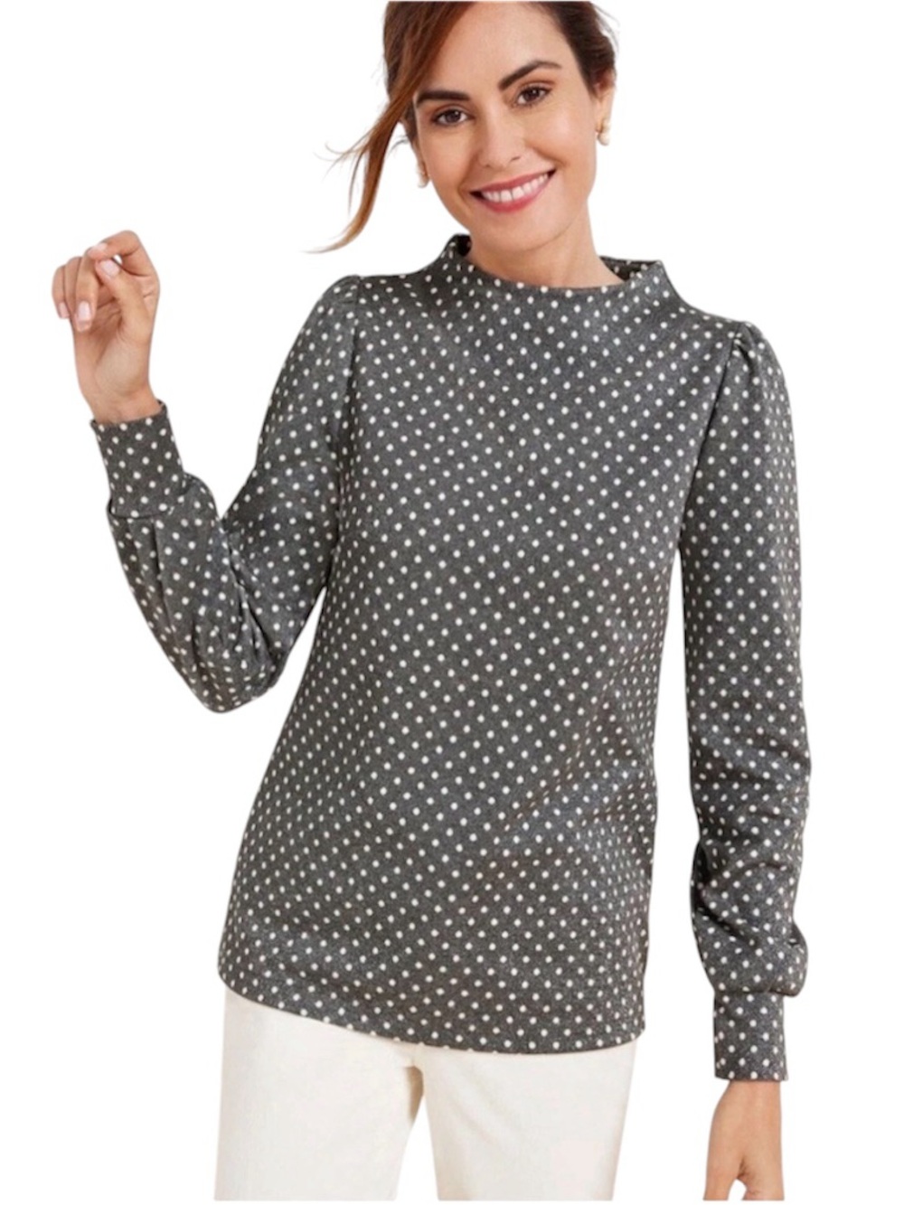 Talbots Gray Sparkle & White Polka Dot Mock Neck Puff Sleeve Top Size Medium